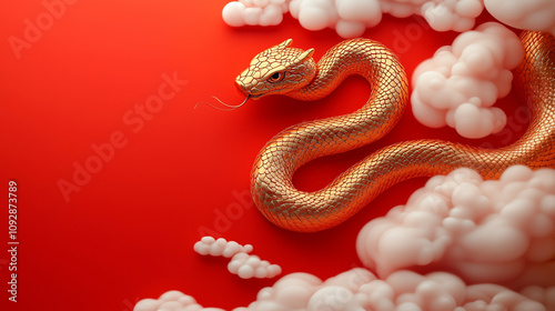 Golden snake surrounded by white clouds on a vibrant red background, Chinese New Year 2025