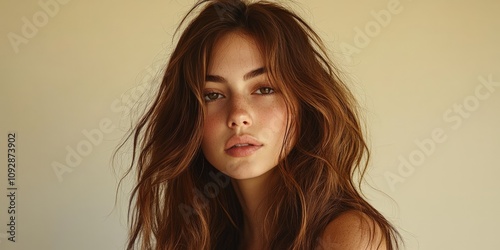 Portrait of Woman with Wavy Brunette Hair and Subtle Makeup