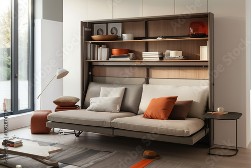 Compact urban living room interior design with multifunctional furniture, wall-mounted shelving, and a stylish fold-out sofa in a small yet cozy space. photo