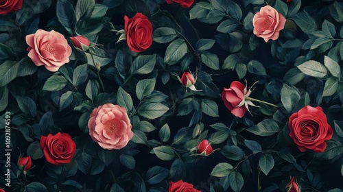 A close up of a bunch of red roses with green leaves