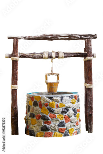A colorful ancient well with a wooden water bucket hanging from the top isolated on white background included clipping path.
