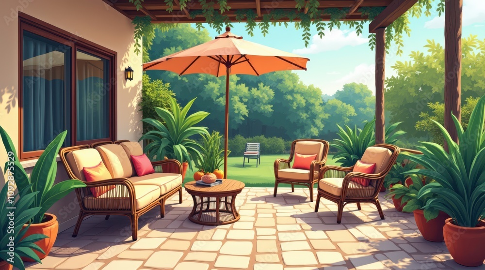 Fototapeta premium Cozy Outdoor Patio With Comfortable Furniture and Potted Plants in a Serene Garden Setting. Generative AI