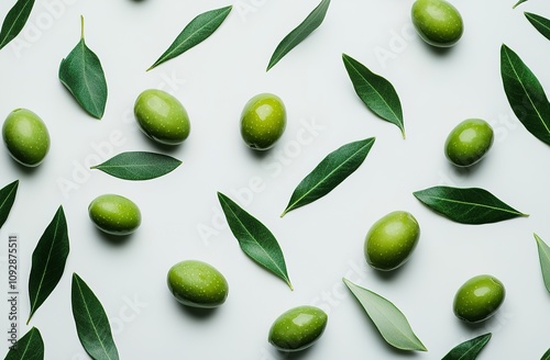 Wallpaper Mural Green olives and leaves arranged on white background. Torontodigital.ca