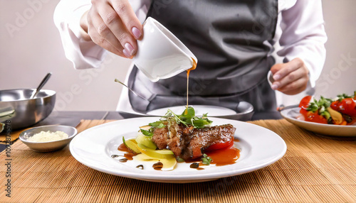 Chef preparing a plate made of meat and vegetables. The chef is pouring sauce on two plates. 