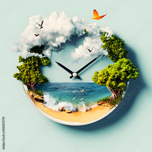 Creative clock art blending nature, beach, ocean waves, trees, clouds, and birds symbolizing time, life, and environment with a unique design for artistic and inspirational themes photo