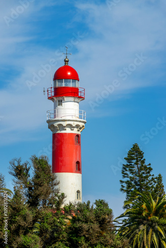 Red and white lighthouse, landmark in Swakopmund, Namibia Africa