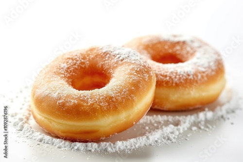 Two delicious, goldenbrown donuts dusted with powdered sugar.