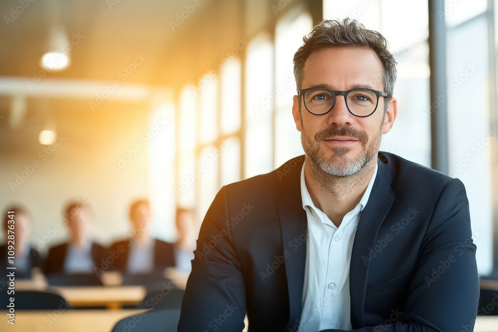 Fototapeta premium Confident businessman with glasses smiling in a modern office setting with blurred colleagues in the background during a professional meeting or presentation