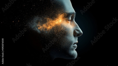 Profile of a Man’s Face with Surreal Elements Representing Thoughts and Creativity, Featuring a Blend of Light and Particles in an Artistic Display