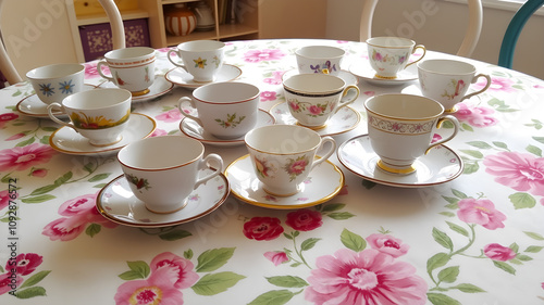 A tea party setup with mismatched vintage teacups, saucers, and a floral tablecloth. Generative AI photo