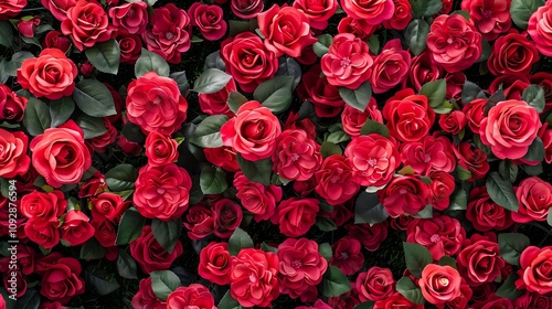 Fototapeta Naklejka Na Ścianę i Meble -  A vibrant arrangement of red roses and green leaves, creating a lush floral backdrop.