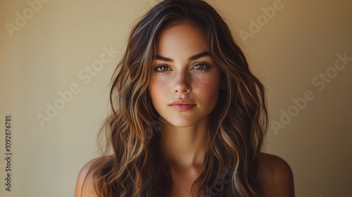 Portrait of Woman with Wavy Brunette Hair and Subtle Makeup