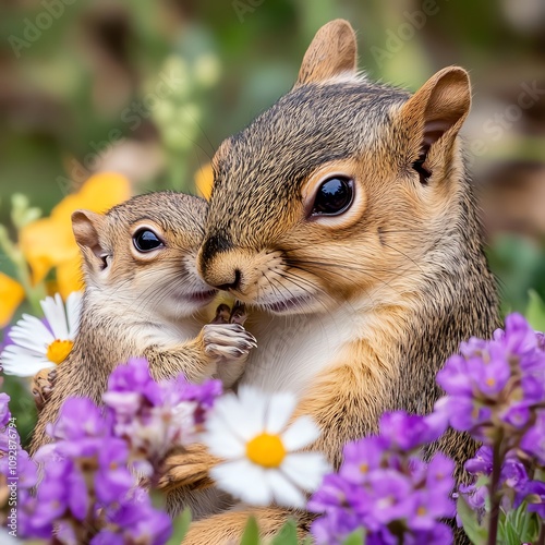 High-angle view of a squirrel nurturing its young, surrounded by vibrant wildflowers, macro photography style photo