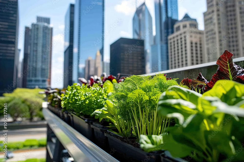 Fototapeta premium Urban growing vegetables in a greenhouse with a panoramic view of city skyscrapers