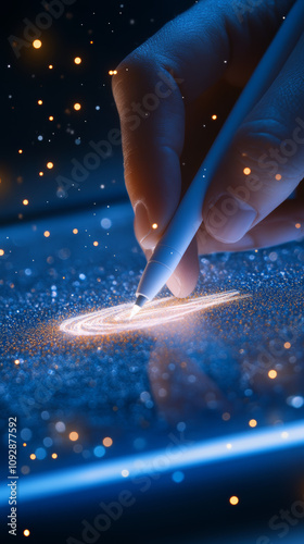 Hand using stylus to create a glowing spiral on a tablet screen.  Digital art creation in progress.