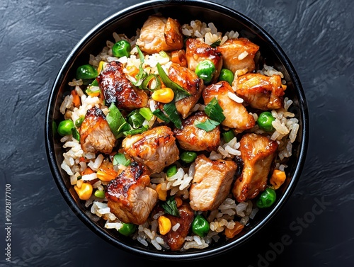 Savoring chicken fried rice with tender chicken chunks and scallions a culinary delight in every bite