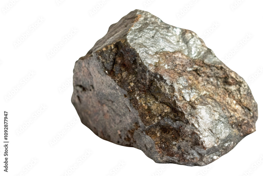 Rough mineral rock with shimmering silver highlights and earthy brown tones. Reflects metallic textures and rugged edges, set against a transparent background Rough mineral rock with shimmering silver highlights and earthy brown tones. Reflects metallic textures and rugged edges, set against a transparent background