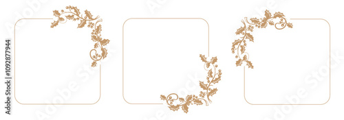 Christmas holly botanical frames. Festive Flat illustration border with gold leaves and berries. Golden line square with plant wreath. Vector image.