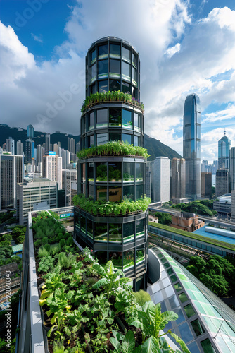 Urban growing vegetables in a greenhouse with a panoramic view of city skyscrapers photo