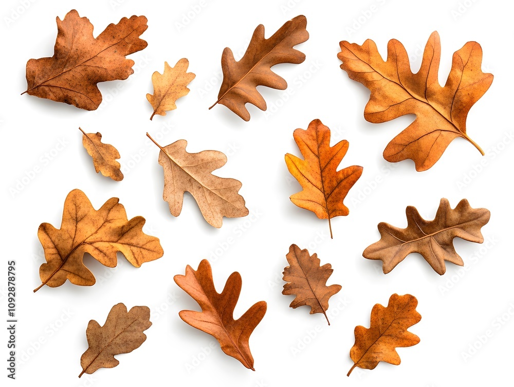 Brown oak leaves scattered on white background, concept of Autumn season