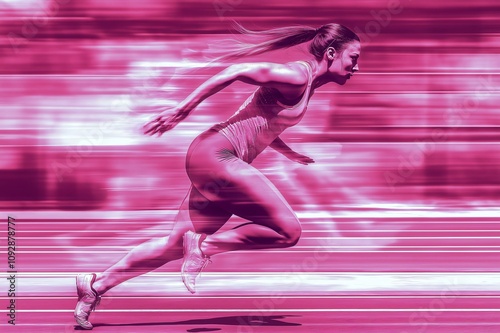 Female athlete is running very fast on an athletics track, with a motion blur effect emphasizing her speed