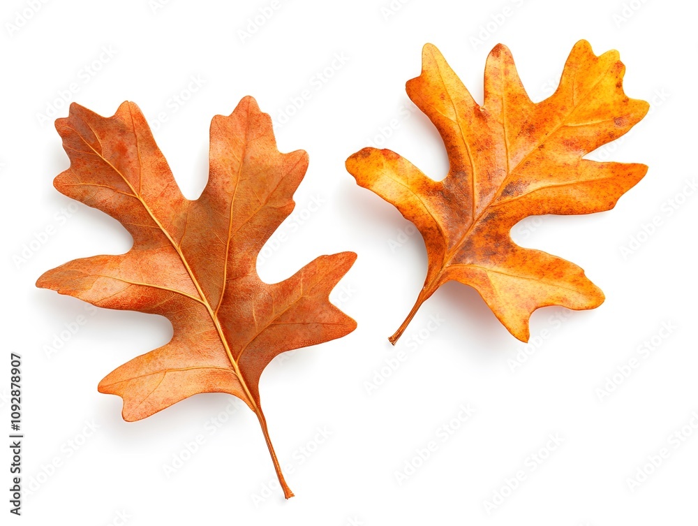 Two brown oak leaves on white background, concept of Autumn season Two brown oak leaves on white background, concept of Autumn season