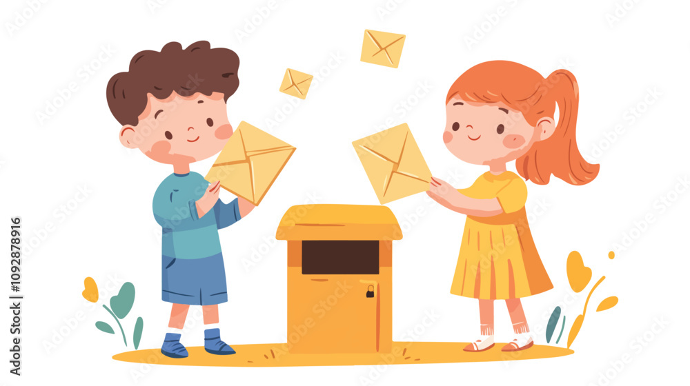 Children Writing Letters - Boy and Girl Sending Envelopes with Joyful Expressions Children Writing Letters - Boy and Girl Sending Envelopes with Joyful Expressions