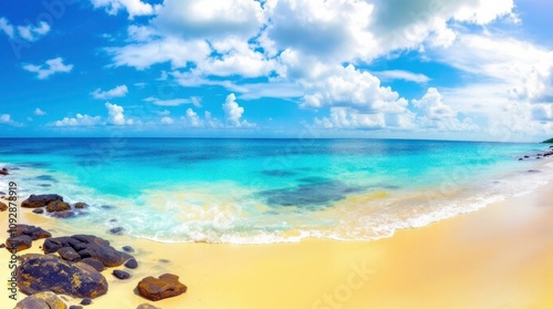 Fototapeta Naklejka Na Ścianę i Meble -  Tropical Caribbean Beach Landscape in Del Carmen, Quintana Roo, Mexico During April. Generative AI