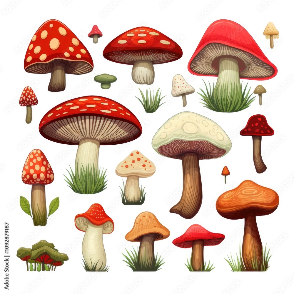 Vibrant red mushrooms collection on white background Vibrant red mushrooms collection on white background
