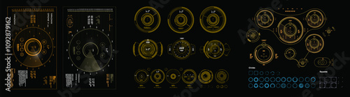 Big set HUD interface elements. Collection futuristic elements radars and geolocation devices. Modern HUD user interface kit. Targets for searching and destroying objects in air and on ground