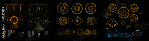 Big set HUD interface elements. Collection futuristic elements radars and geolocation devices. Modern HUD user interface kit. Targets for searching and destroying objects in air and on ground