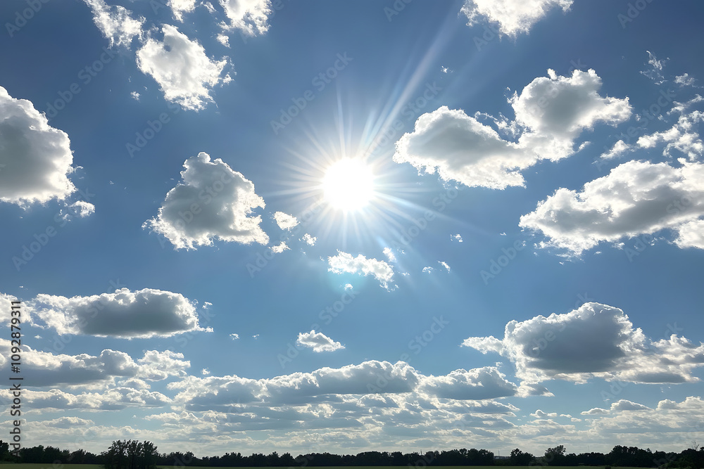 Bright sunny sky with white clouds and sun rays shining over the horizon, symbolizing natural beauty, clear weather, summer vibes, and peaceful outdoor scenery for relaxation Bright sunny sky with white clouds and sun rays shining over the horizon, symbolizing natural beauty, clear weather, summer vibes, and peaceful outdoor scenery for relaxation