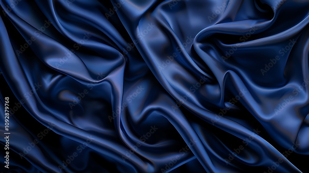 Fototapeta premium A close-up view of luxurious, flowing dark blue satin fabric, showcasing its smooth texture and elegant draping.