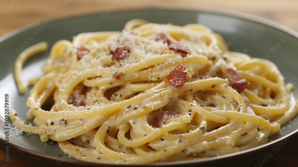 A plate of spaghetti carbonara, with al dente pasta tossed in a creamy sauce made with eggs, pancetta, Parmesan cheese, and black pepper, for a classic and indulgent Italian pasta dish. A plate of spaghetti carbonara, with al dente pasta tossed in a creamy sauce made with eggs, pancetta, Parmesan cheese, and black pepper, for a classic and indulgent Italian pasta dish.