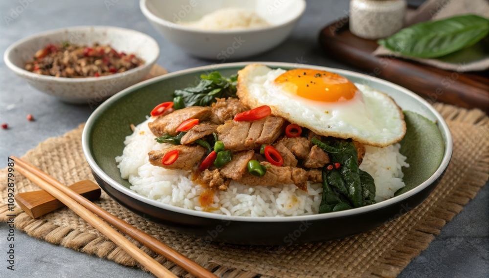 Rice Topped With Pork, Thai Basil, and Fried Egg Served in a Traditional Bowl. Generative AI Rice Topped With Pork, Thai Basil, and Fried Egg Served in a Traditional Bowl. Generative AI