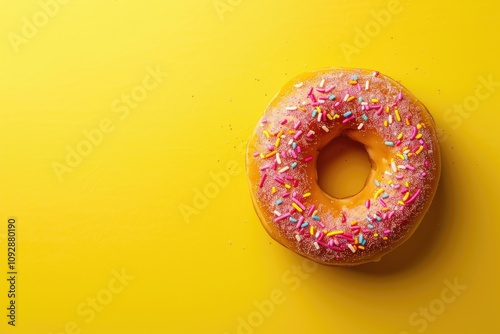 A delicious glazed donut topped with colorful sprinkles sits on a vibrant yellow background.