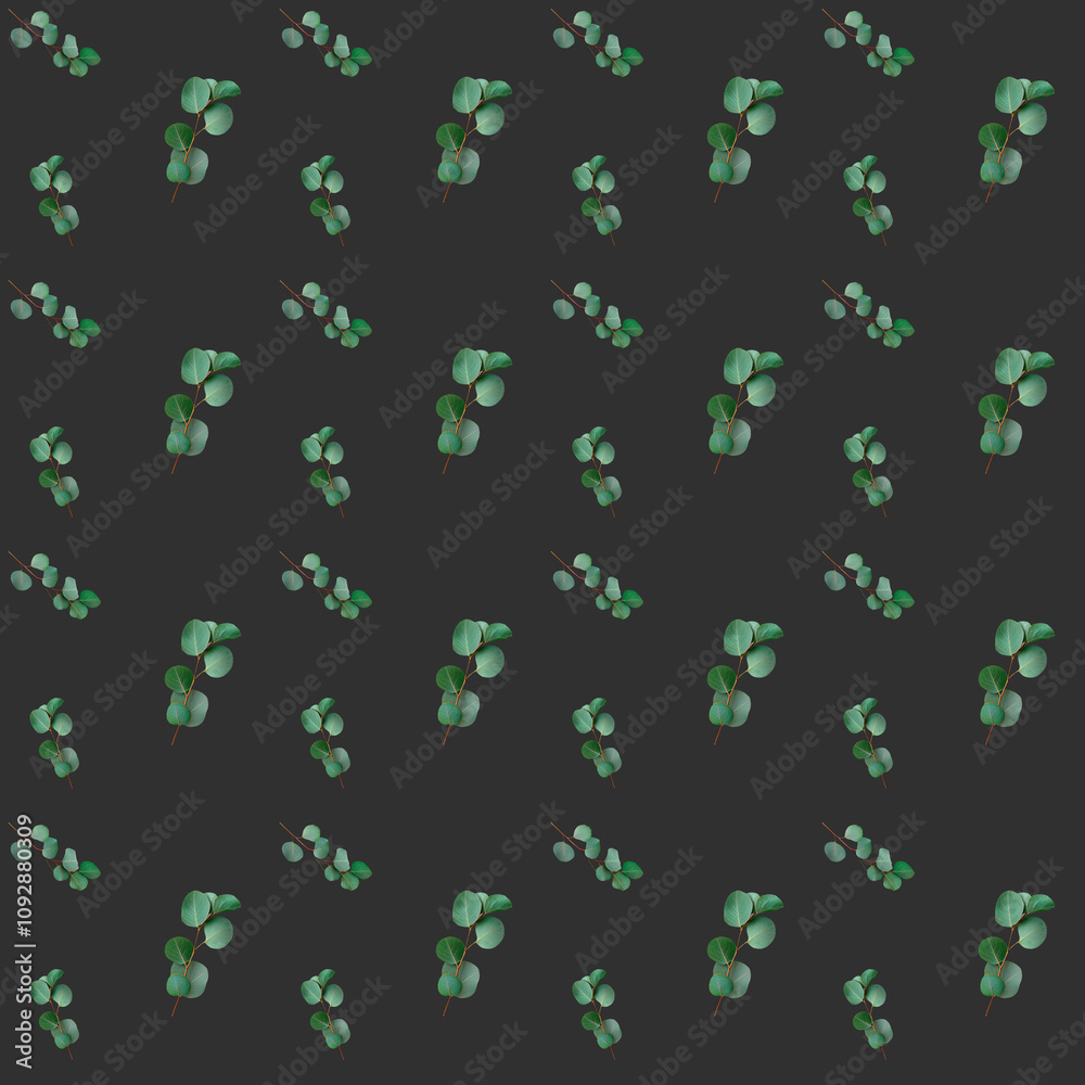 A seamless pattern with eucalyptus branches on a dark gray background, presenting a minimalist and stylish design ideal for modern decor, fabrics, or stationery. A seamless pattern with eucalyptus branches on a dark gray background, presenting a minimalist and stylish design ideal for modern decor, fabrics, or stationery.