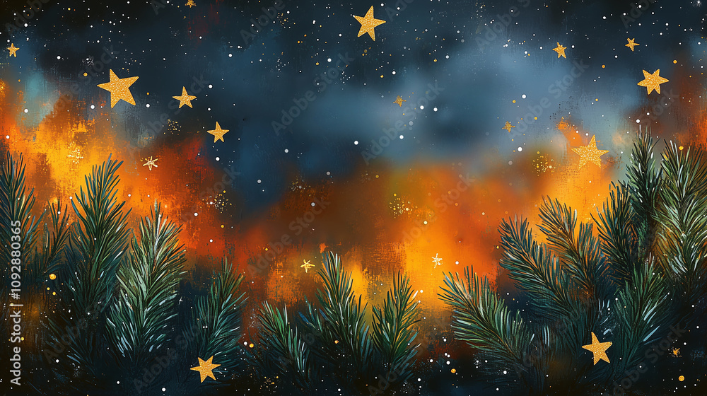 Fototapeta premium Christmas design background for Cgristmas cards, banner, wallpaper, Wood, branches, night sky, forest, stars, northen lights. Fairytale deep blue festive bacdrop, place for text. Gretting card