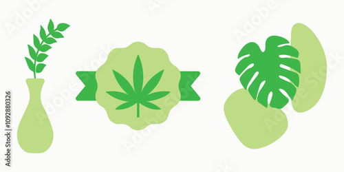 Nature, natural, flora, ecology, botany. Herb, cannabis label, plant. Decoration, vase, organic, green. Set, icon, vector