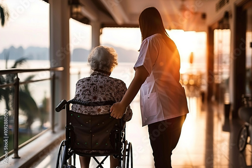 A caregiver gently supporting an elderly woman with a walker in a sunlit hallway photo