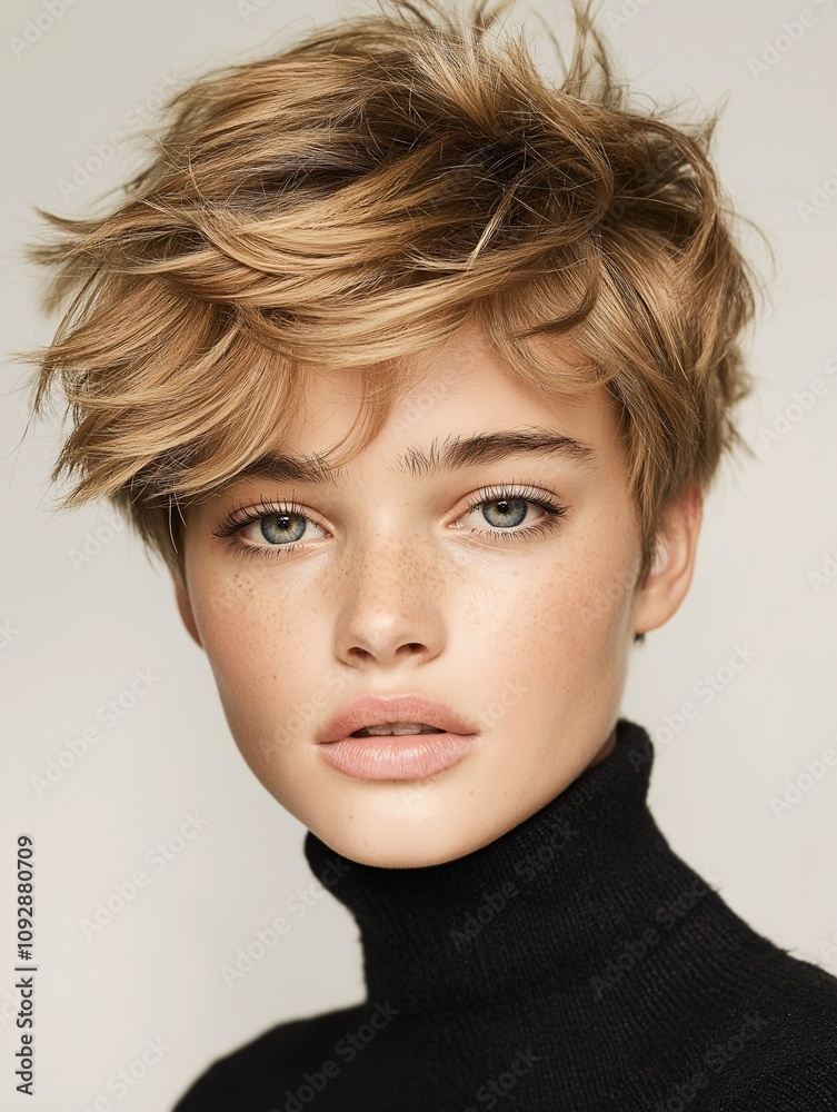 Fresh and Stylish Female Model with Feathered Pixie Cut, Emphasizing Natural Beauty and Elegant Features for Fashion Photography Projects Fresh and Stylish Female Model with Feathered Pixie Cut, Emphasizing Natural Beauty and Elegant Features for Fashion Photography Projects