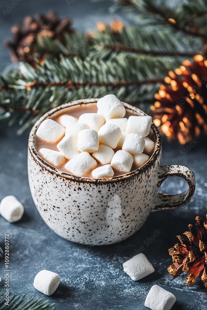 Cozy mug of hot chocolate with marshmallows, winter treat Cozy mug of hot chocolate with marshmallows, winter treat