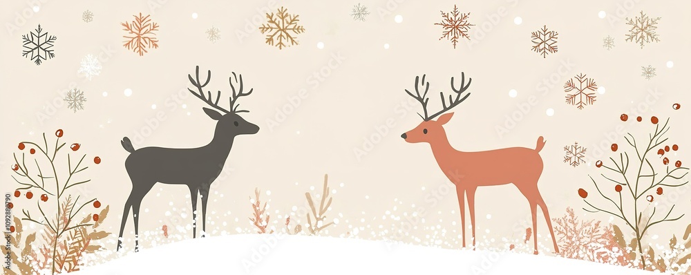 Obraz premium Two deer in winter scene with falling snowflakes