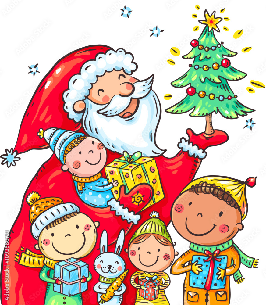 Happy Xmas greeting card. Cartoon kids and Santa, Merry Christmas illustration of children with gift boxes Happy Xmas greeting card. Cartoon kids and Santa, Merry Christmas illustration of children with gift boxes