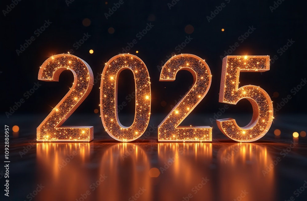The number 2025 is illuminated with dazzling sparkles on a dark background The number 2025 is illuminated with dazzling sparkles on a dark background