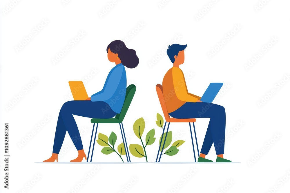 Fototapeta premium Minimalist Workspace Featuring Financial Advisors Guiding Clients with Laptops in a Modern Office Setting Surrounded by Greenery