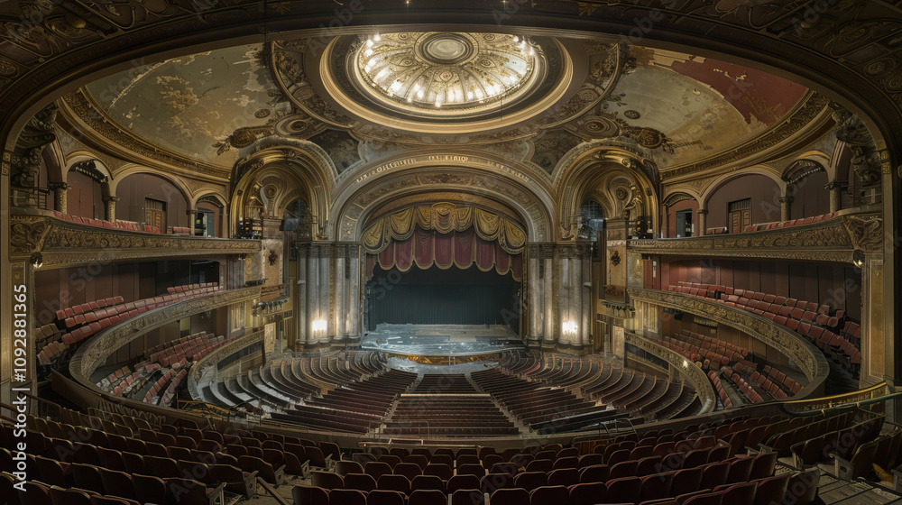 Fototapeta premium Grand opera house interior with ornate ceiling detailed decorations and empty seating under warm golden lights