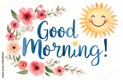 Smiling sun with pink flowers and elegant 'Good Morning' lettering in a bright watercolor style. hand drawn illustration
