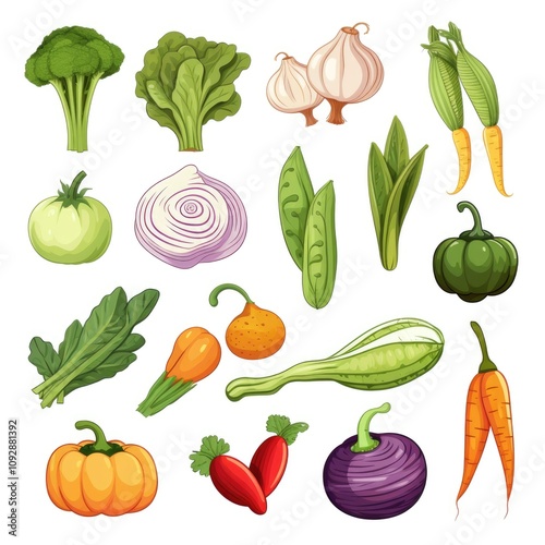 Colorful array of fresh vegetables and fruits on a white background