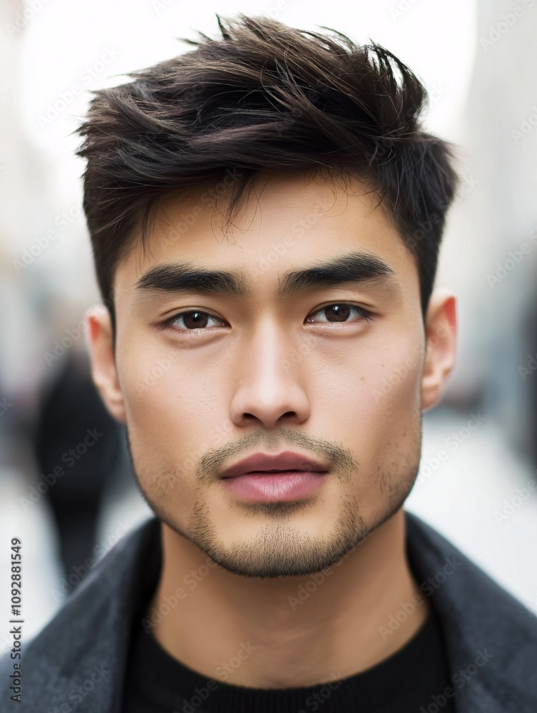Obraz premium Young Asian Male with Stylish Short Haircut Featuring a Faded Style, Capturing Modern Trends in Men's Hair Fashion on Urban Background